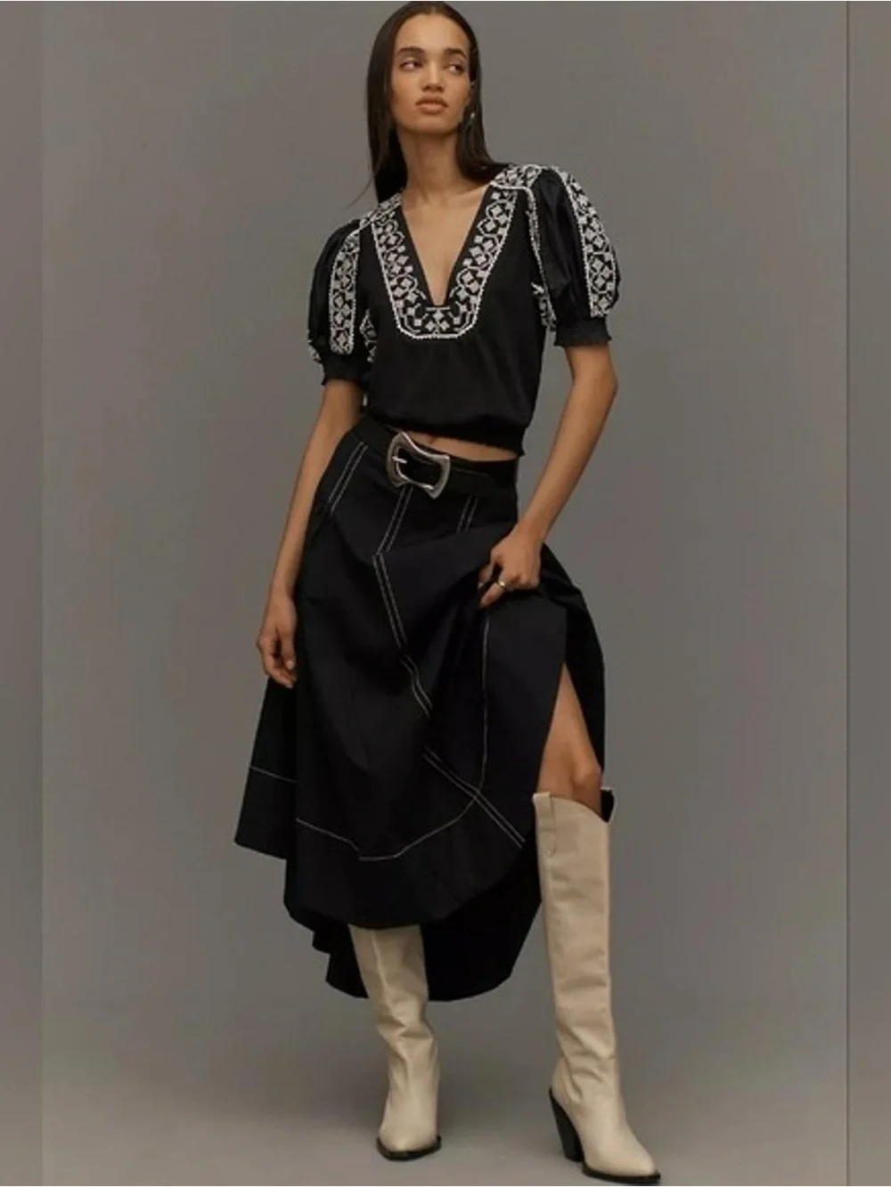 Anthropologie Black Puff-Sleeve V-neck Top with White Cross-stitch Embroidery S